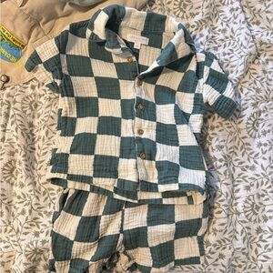 Kids Checkered Matching Set - Teal and Cream
